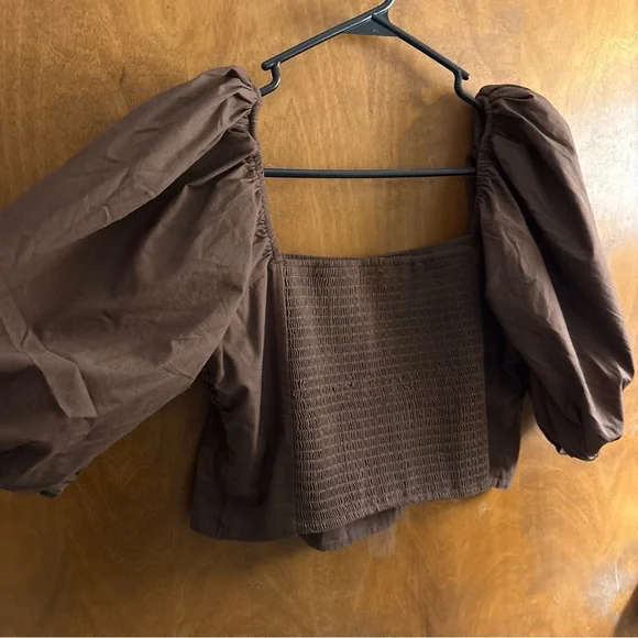 Abercrombie & Fitch Chocolate Brown Emerson Square Neck Crop Top Puff Sleeve Y2K - Picture 10 of 12